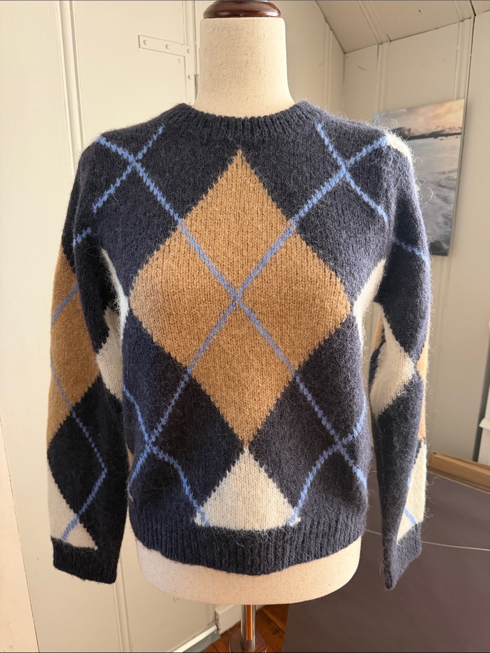 Sezane Gabriel Jumper Navy Camel Ecru Jacquard - Size S